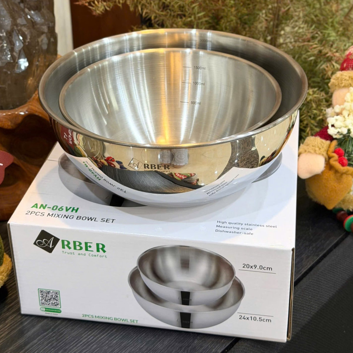 Bộ 2 bát tô trộn Inox cao cấp Arber AN-06VH (20cm và 24cm)