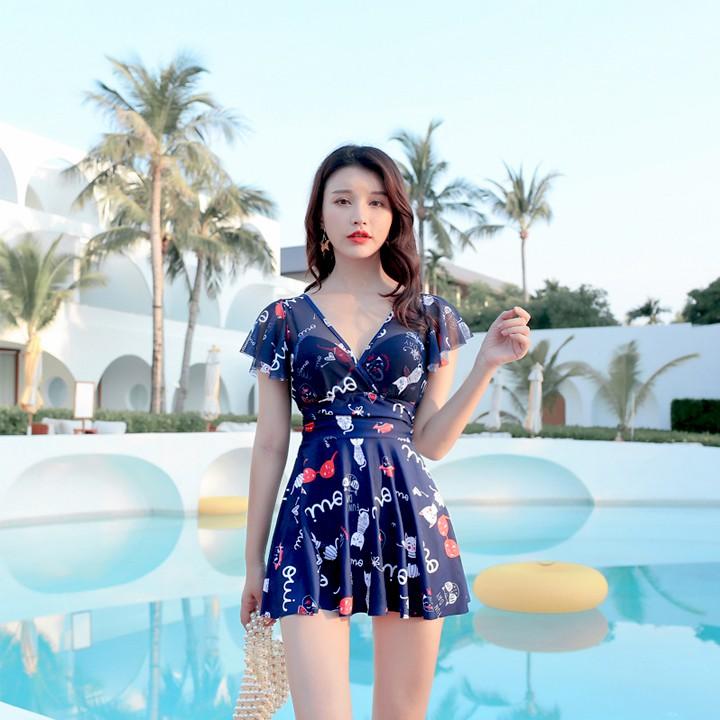 Bộ đồ bơi đi biển cổ V tay bèo họa tiết dễ thương váy bơi cao cấp