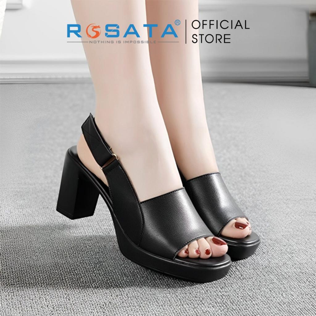 Giày sandal cao gót nữ ROSATA RO532 xỏ ngón mũi tròn quai dán hậu gót trụ cao 7cm xuất xứ Việt Nam - Đen