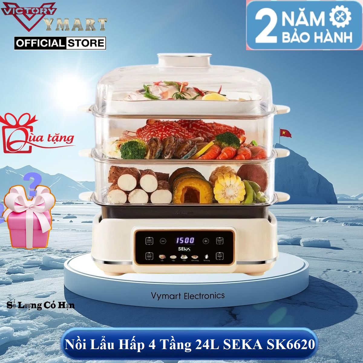 (HOT NEW) Nồi Lẩu Hấp 4 Tầng 24L SEKA SK6620 - 1500W Đa Năng 4 in 1 Hấp, Lẩu, Khử Trùng, Tiệt Trùng - Hàng Chính Hãng Bảo Hành 2 Năm