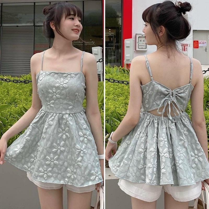 Set áo hai dây hoa nổi kèm quần ngắn