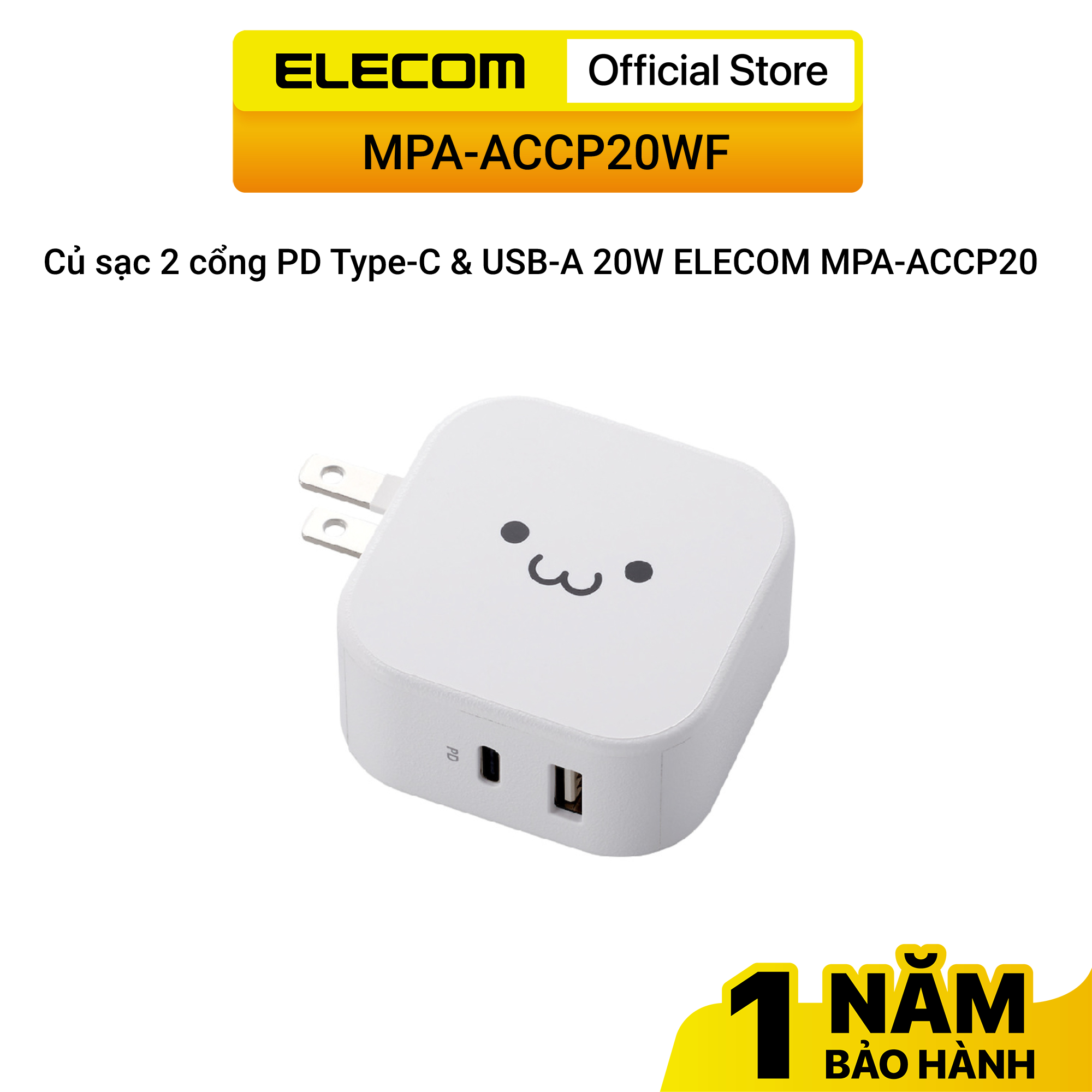 Củ sạc 2 cổng PD Type-C &amp; USB-A 20W ELECOM MPA-ACCP20 - Hàng chính hãng