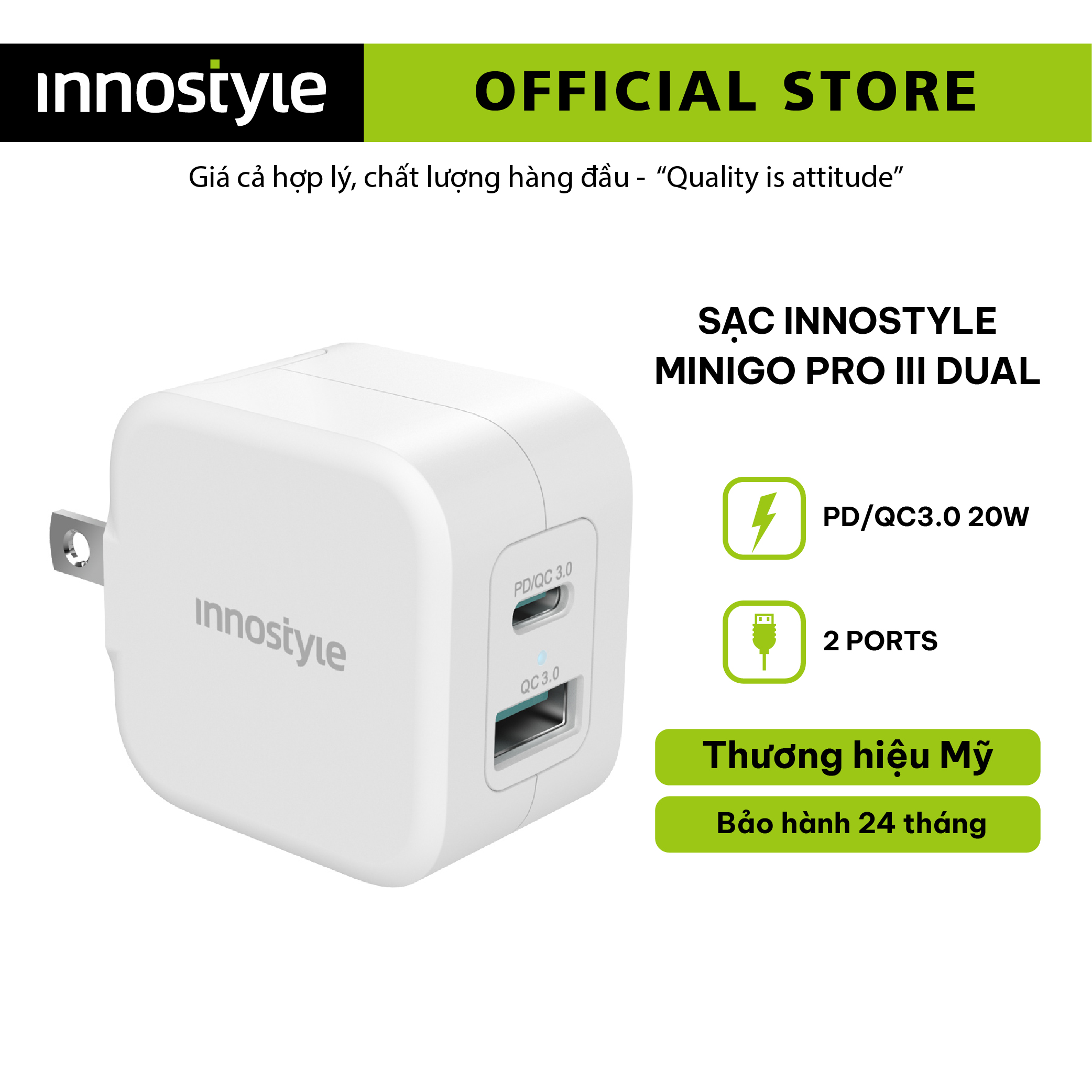 SẠC NHANH INNOSTYLE MINIGO PRO III DUAL PD/QC3.0 20W WHITE IC20-2PDWHI - HÀNG CHÍNH HÃNG