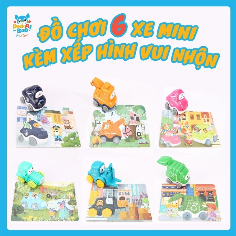 Đồ Chơi PEEK A BOO Bộ 6 Xe Mini Kèm Xếp Hình Vui Nhộn PAB012