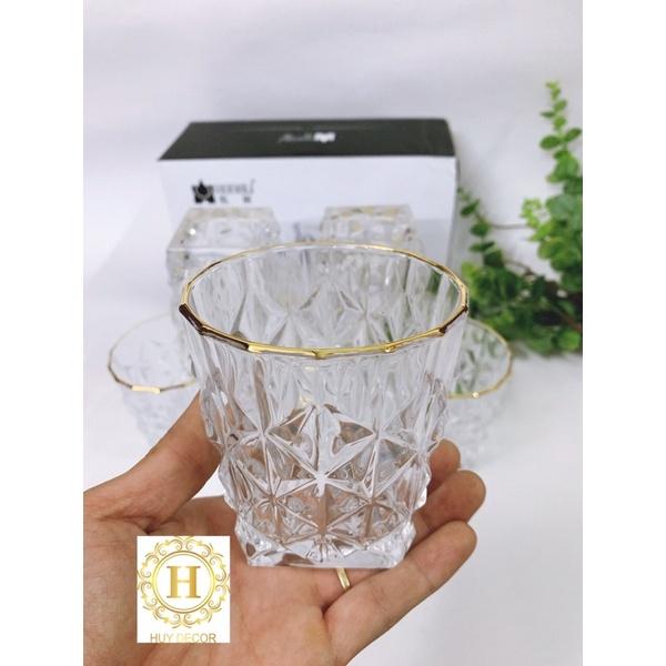 Cốc thuỷ tinh đế vuông vân nổi cao cấp Huydecor bộ 6 chiếc