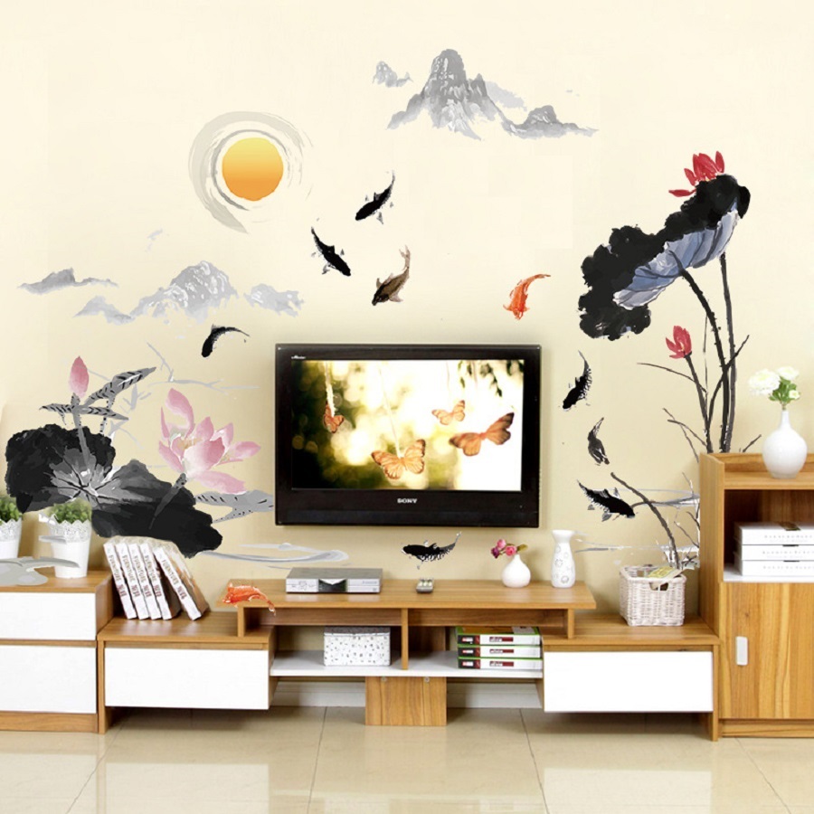 Decal dán tường phòng khách hồ sen phong cảnh Việt Nam thơ mộng - combo Trang trí sang trọng