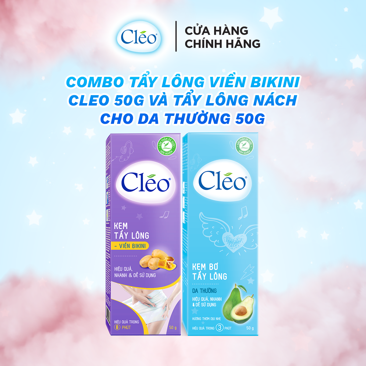 Combo tẩy lông Bikini Cléo, an toàn, không đau rát, hiệu quả trong 8 phút 50g và tẩy lông nách Cléo cho da thường 50g