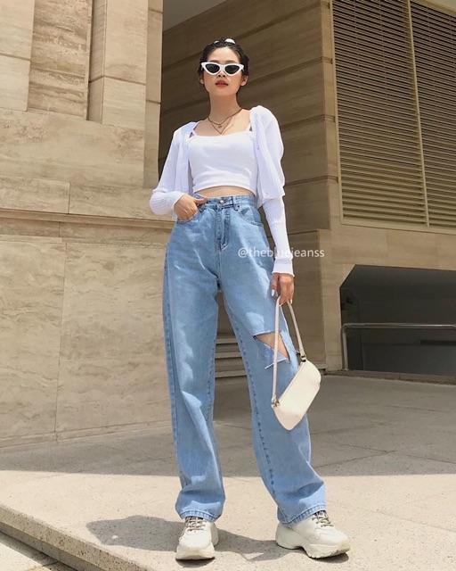 Quần Jeans Ống Rộng Dài Phủ Gót