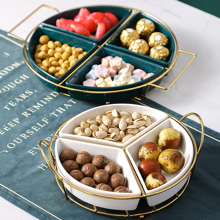 Khay mứt, hạt quả khô sứ tròn khung kim loại