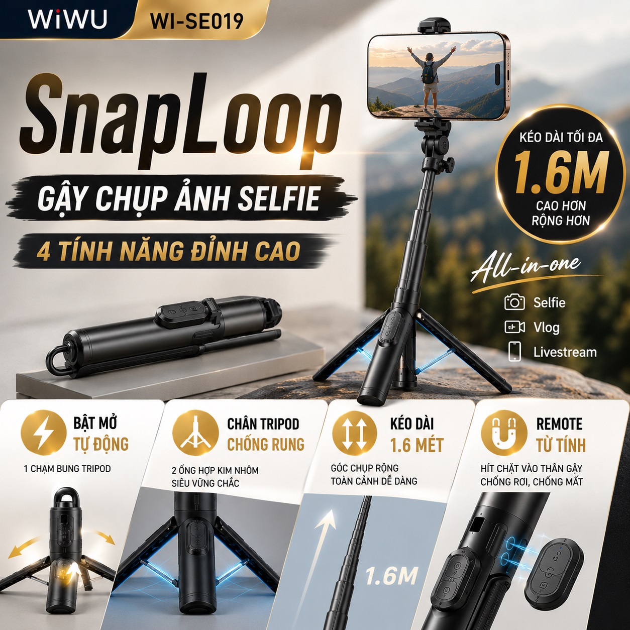 Gây chụp hình selfie AI thông minh chống rung hiệu WIWU WI-SEO19 SNAPLOOP - TRIPOD 1 CHẠM, KÉO DÀI 1.6M, REMOTE TỪ TÍNH Cho iPhone Samsung Oppo Huawei Z Fold Flip - Hàng nhập khẩu