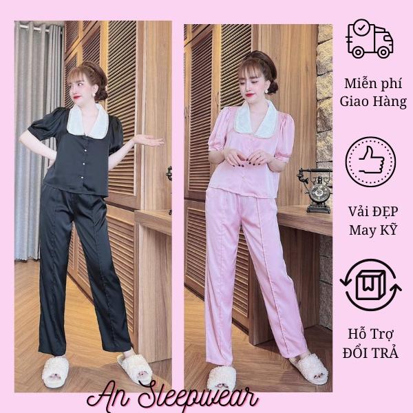 Bộ Pijama Quần Dài, Đồ Mặc Nhà Nữ Chất Lụa LATIN, Vải Đẹp, Bộ Ngủ Tay Ngắn Phối Lá Cổ Ren, Phom Dưới 56kg