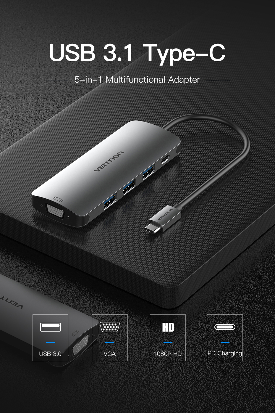 Cáp chuyển đổi Type-C sang VGA + 3 cổng USB 3.0 + Type-C PD hàng chính hãng Vention CGQHA