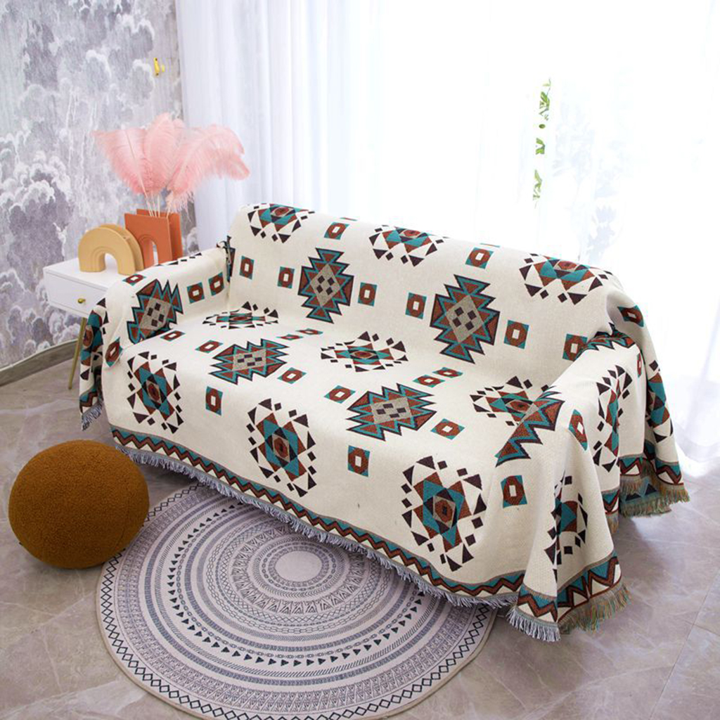 Chăn Phủ Sofa Dệt Kim 2 Mặt Họa Tiết Hình Thoi Vuông Xanh
