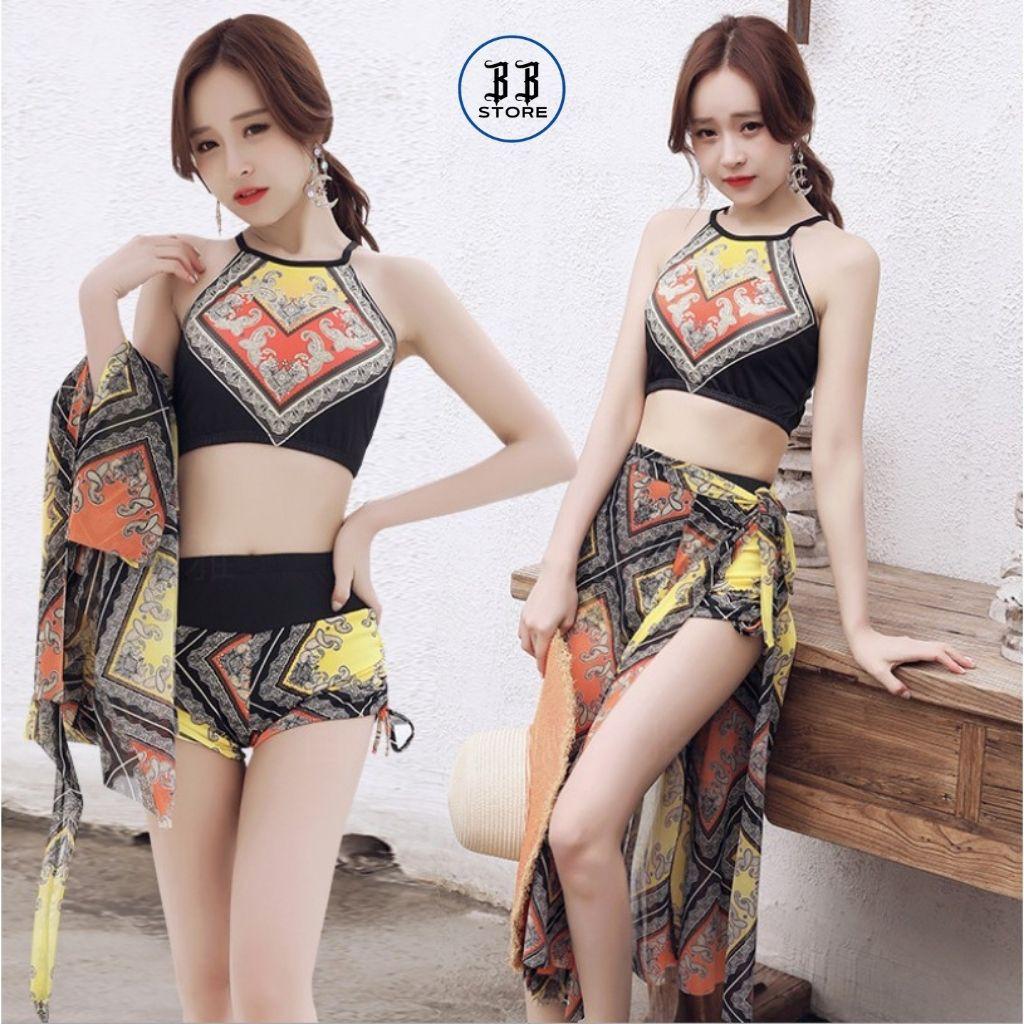 Đồ bơi nữ, bikini đi biển set 3 món họa tiết thổ cẩm Loại 1