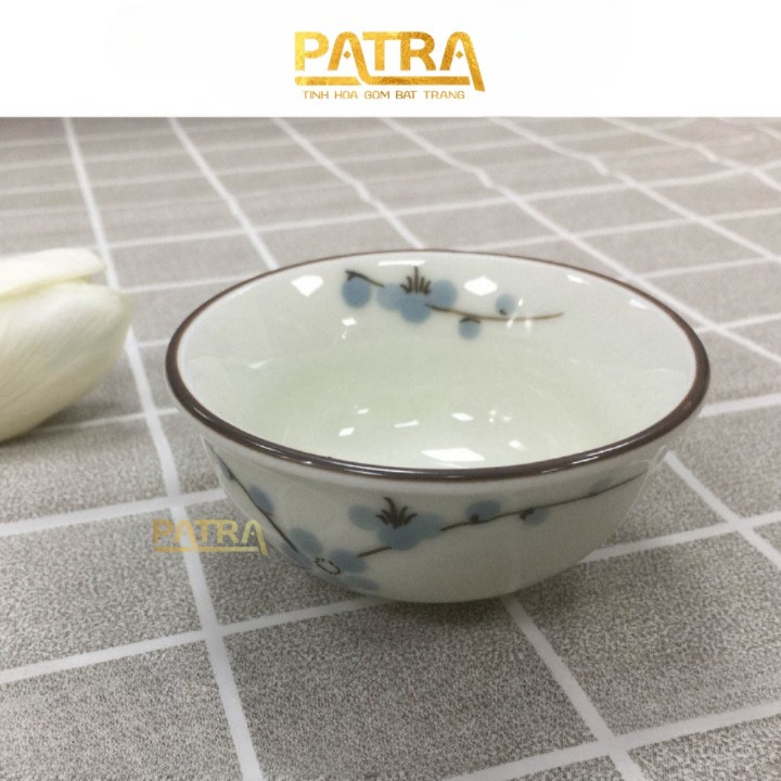 Đĩa đựng gia vị, đĩa gia vị sứ, bát mắm Bát Tràng cao cấp men kem vẽ hoa đào xanh