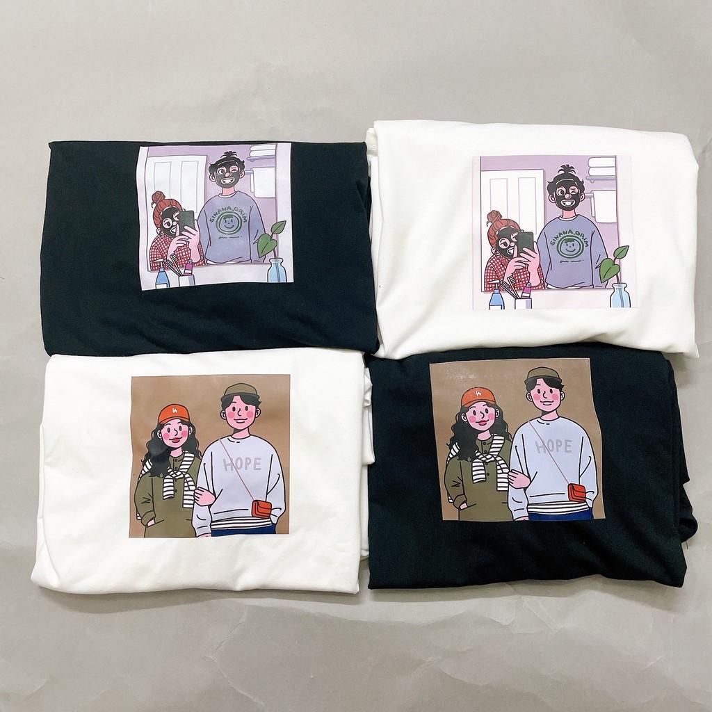 Áo Thun In Hình Couple Siêu Xinh - Áo thun tay lỡ form rộng Unisex 38-65kg Nam Nữ