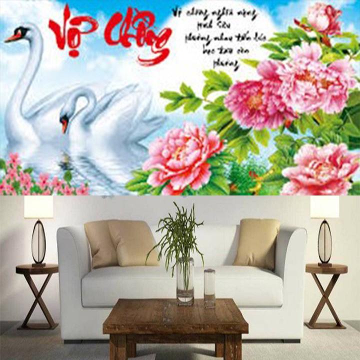 Tranh thêu vợ chồng thiên nga hoa mẫu đơn X8129 - kích thước: 89 * 49cm.
