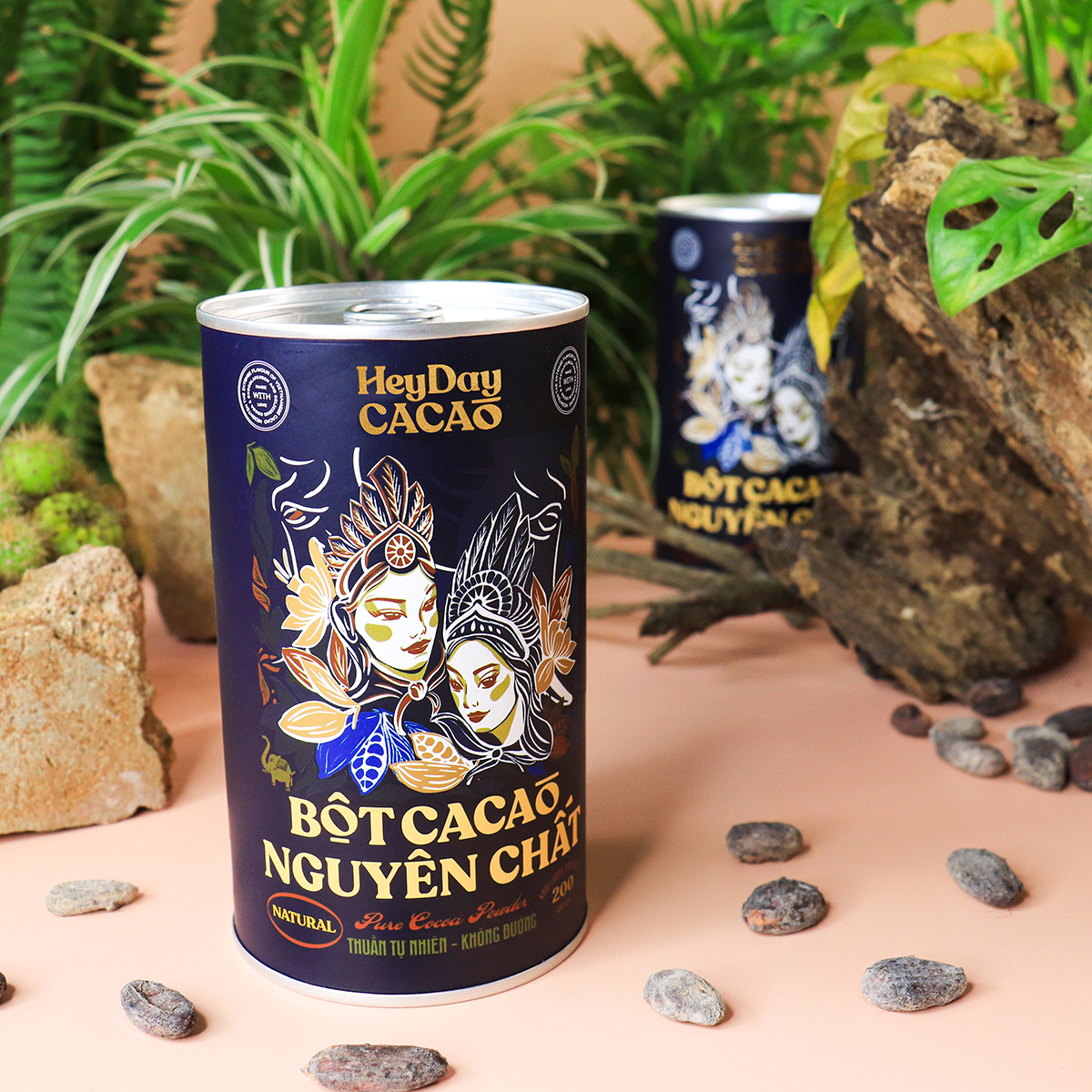 Bột Cacao Nguyên Chất 100% - Dòng Natural Không Kiềm Hóa - Lon 200g - Bộ sản phẩm cacao "Thật" Heydaycacao