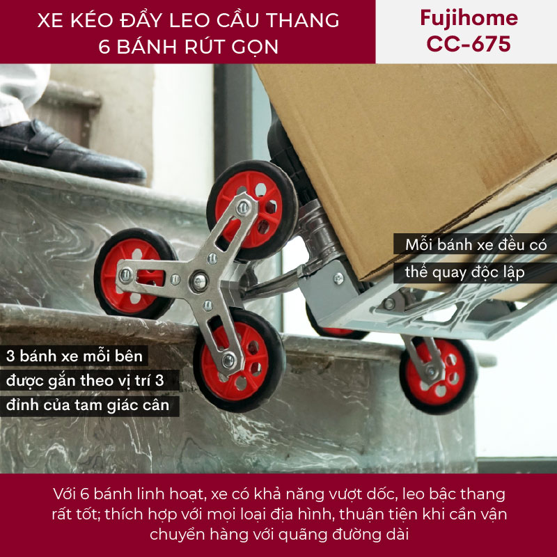 Xe kéo đẩy leo cầu thang FUJIHOME CC-675 6 bánh rút gọn, Tải trọng 70kg, Trọng lượng nhẹ có thể gấp gọn