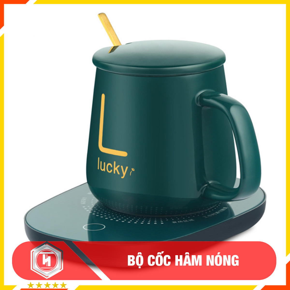 Bộ cốc hâm nóng đồ uống - HT SYS - Hâm nóng cafe, sữa, cháo... Chất liệu gốm sứ - Màu Xanh - Họa tiết chữ giao ngẫu nhiên