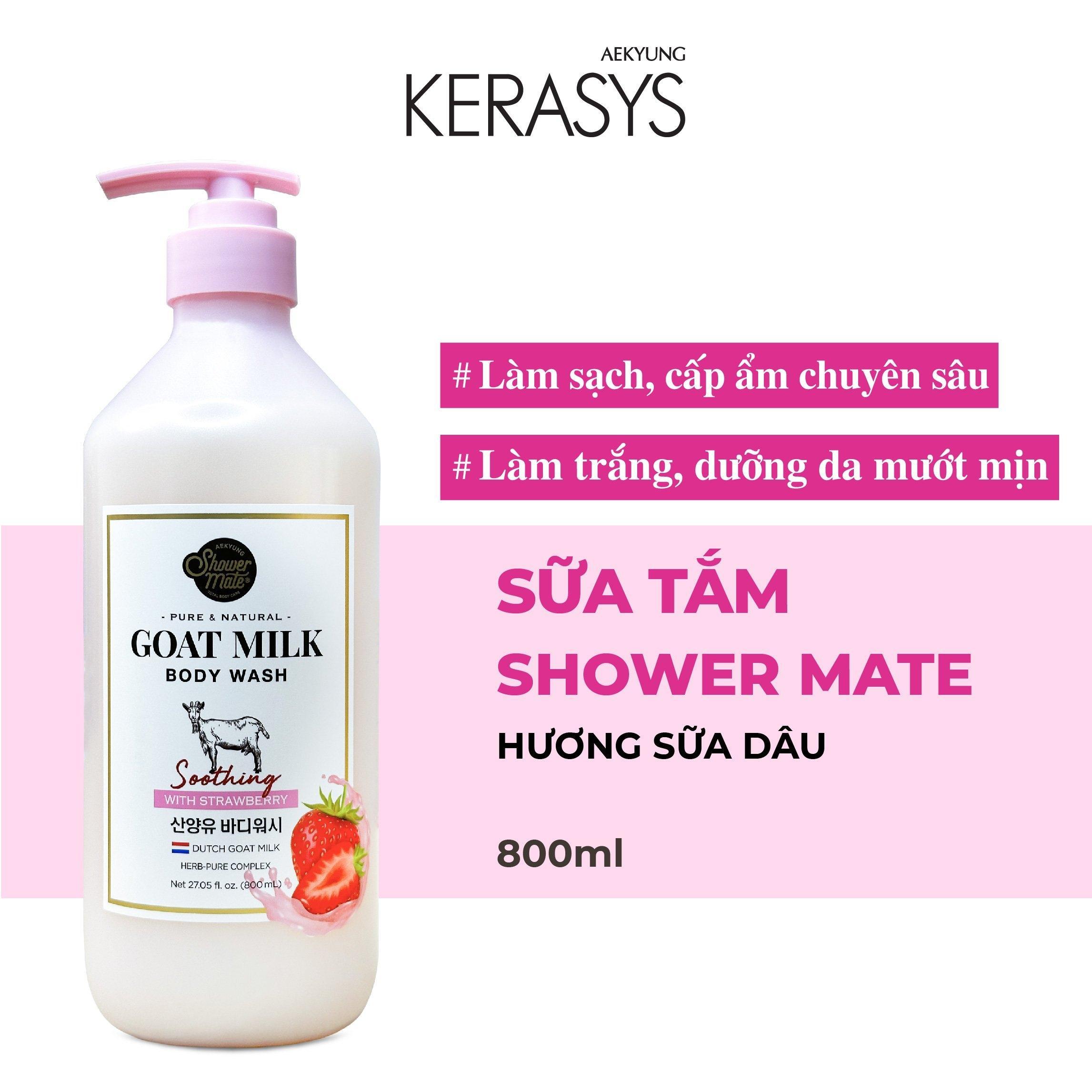 Sữa tắm cao cấp Hàn Quốc Aekyung Showermate Goatmilk Strawberry (Dưỡng ẩm, trắng da - Hương dâu) 800ml