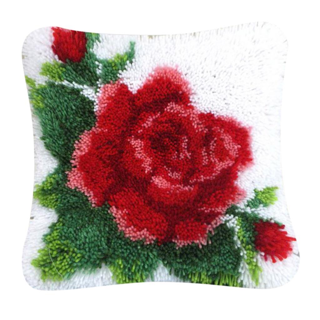 Red Flower Latch Hook Kits for DIY Pillow Cover Sofa Cushion Cover 40x40cm