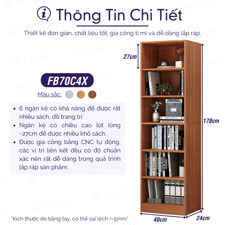 Kệ Để Sách Gỗ MDF FIVO FB70 (40 x 24 x 179cm) Đa Tầng Tiết Kiệm Không Gian (Có Tấm Lưng Phía Sau) - Hàng Chính Hãng