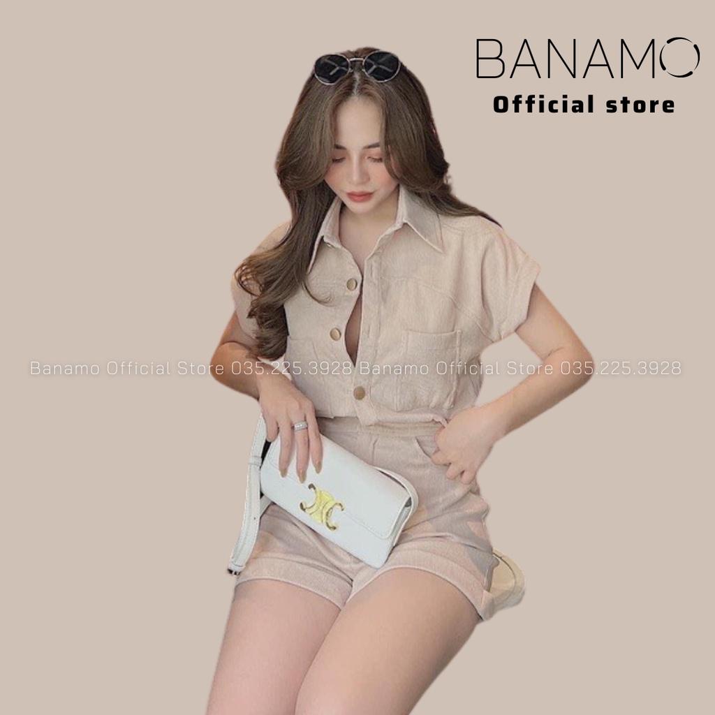 Bộ Jumpsuit cổ sơ mi liền quần gập gấu chất nhung tăm thời trang Banamo Fashion set Jumpsuit 151