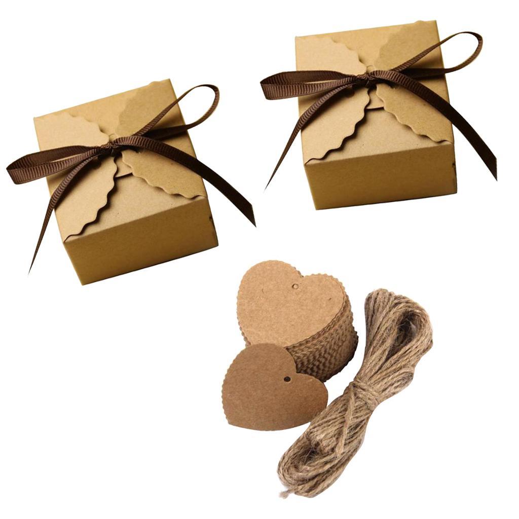 100pcs Rustic Candy Boxes - Kraft Paper Boxes with Ribbon and Tag Cards for