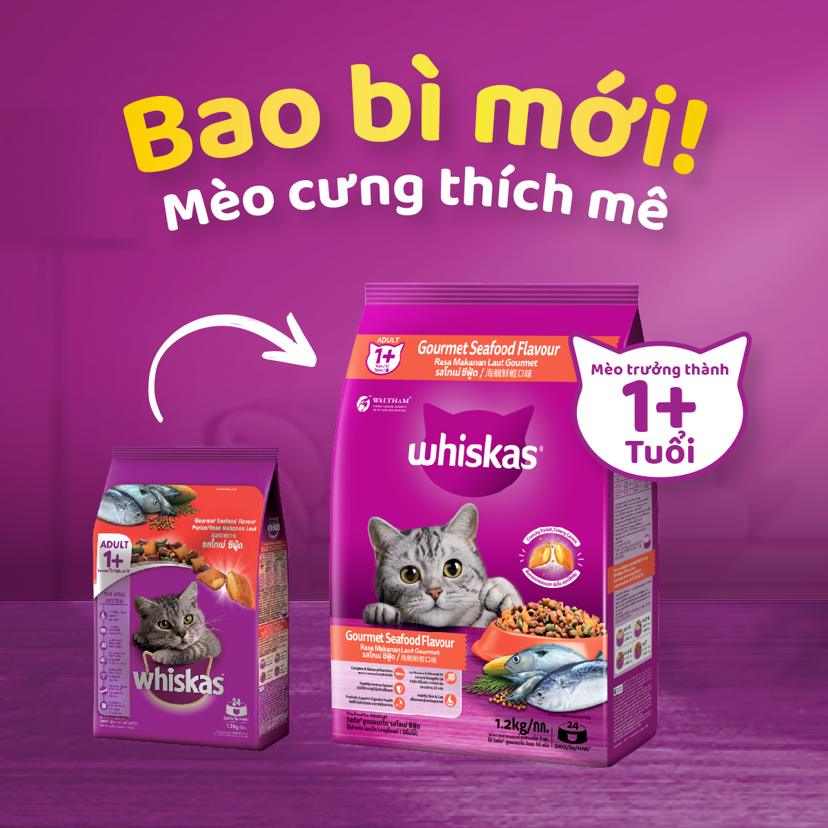 WHISKAS Thức Ăn Cho Mèo Trưởng Thành Dạng Hạt - 3kg