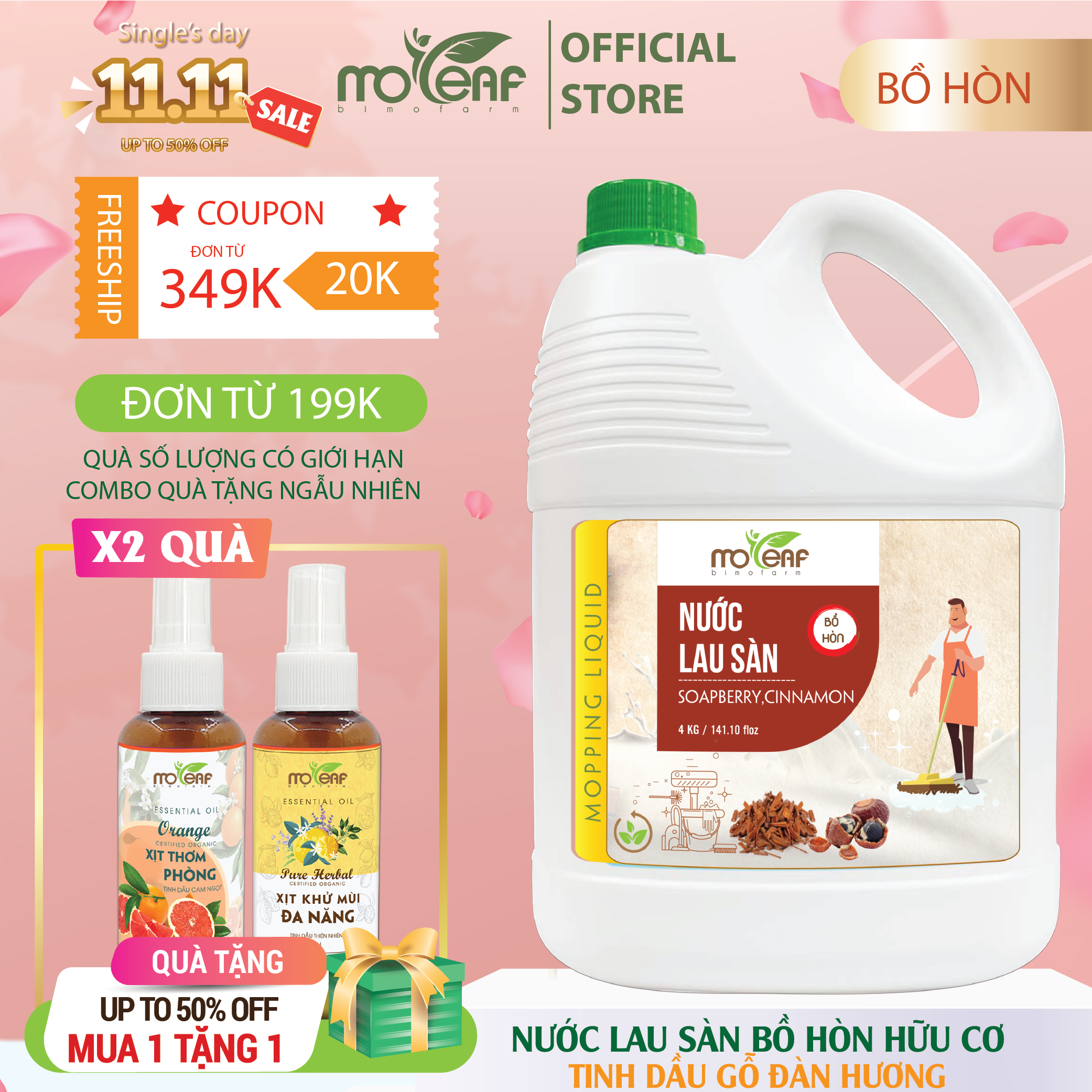 Nước lau sàn Hữu cơ Moleaf đuổi muỗi tinh dầu Gỗ Đàn Hương 4000ml