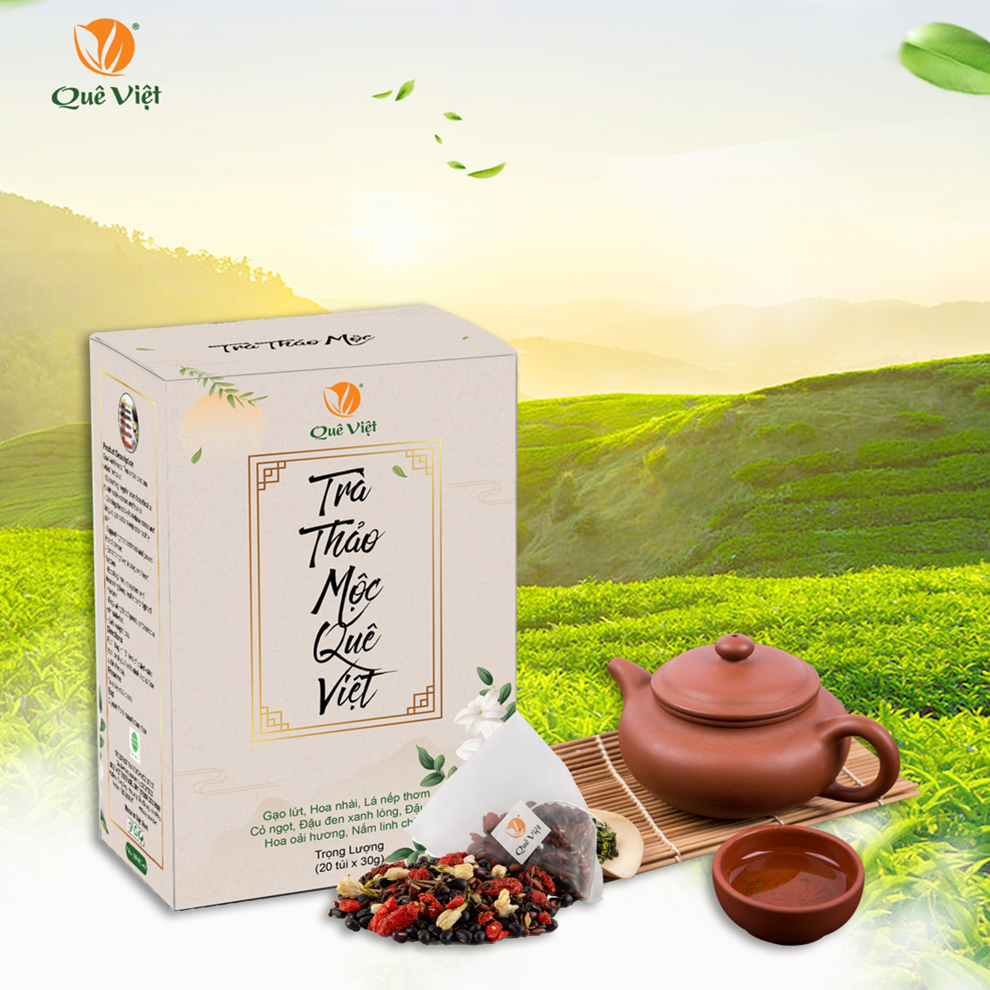 Trà thảo mộc Quê Việt - Mát gan, ngủ ngon, giảm căng thẳng mệt mỏi, nguyên liệu hữu cơ - hộp 600g