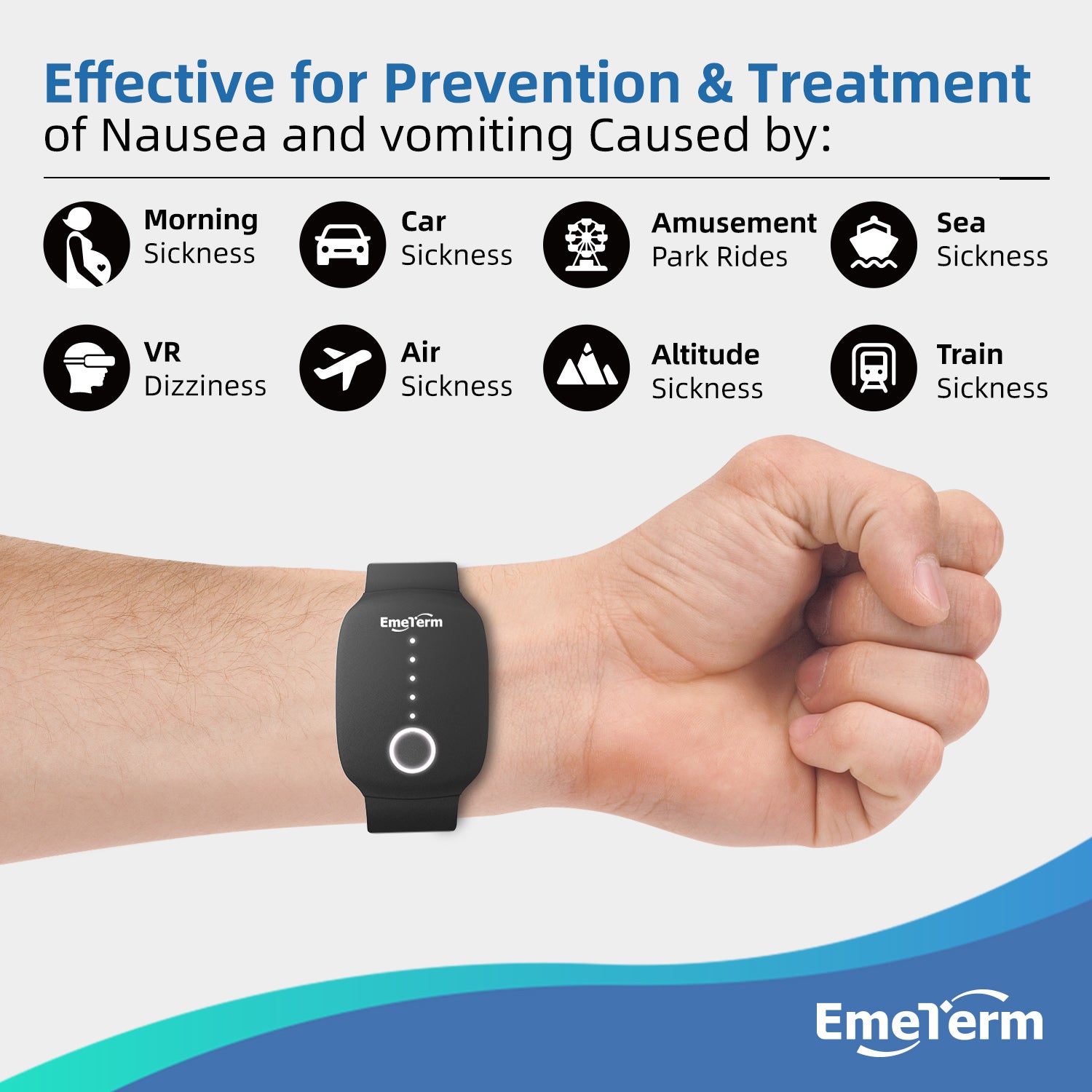 Thiết bị đeo tay chống nôn nói do say tàu xe, ốm nghén EmeTerm Fashion - đạt chứng nhận FDA/CE - Không dùng thuốc - Không tác dụng phụ - Pin sạc - Hàng chính hãng