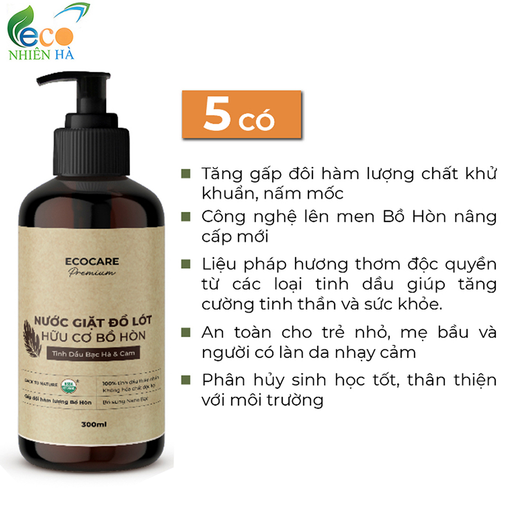 Nước giặt đồ lót ECOCARE PREMIUM 300ml tinh dầu bạc hà cam, tẩy ố khử khuẩn an toàn mẹ bầu