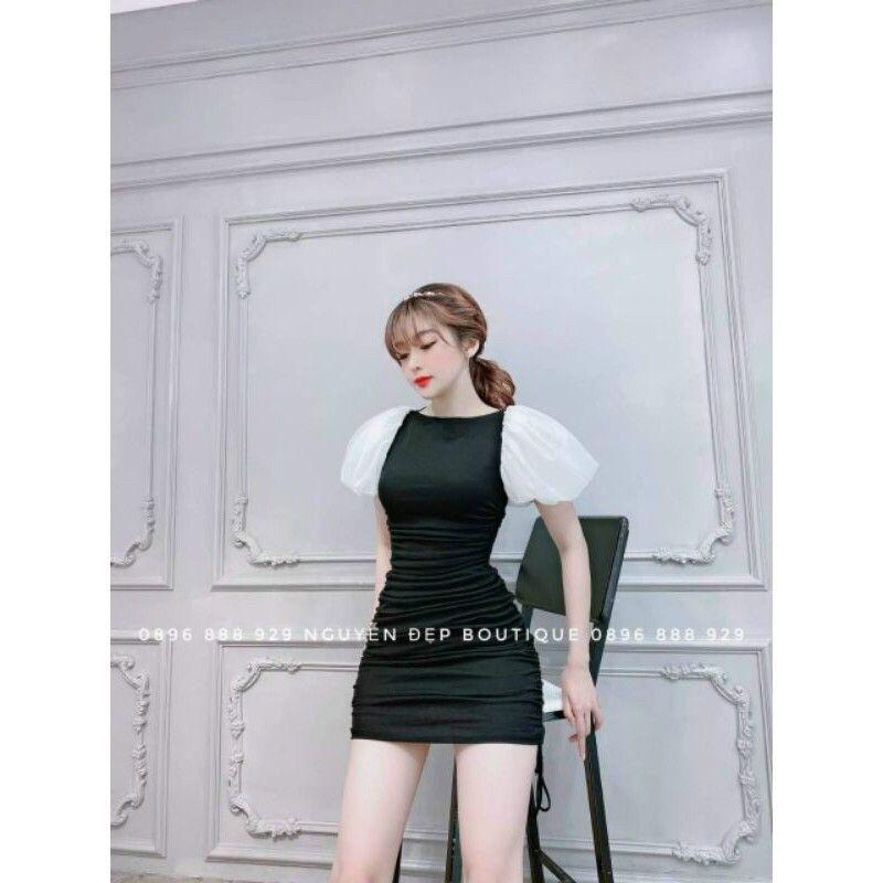 Đầm tay phồng rút dây phối voan cao cấp