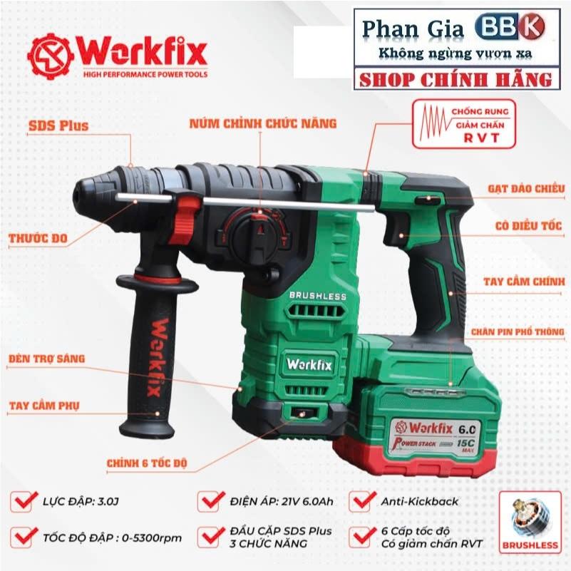 Máy Khoan Bê tông WORKFIX-RH3003PRO 3 Chức Năng - Khoan Bê Tông Sử Dụng Chân Pin Phổ thông bảo hành chính hãƞg 12 Thá