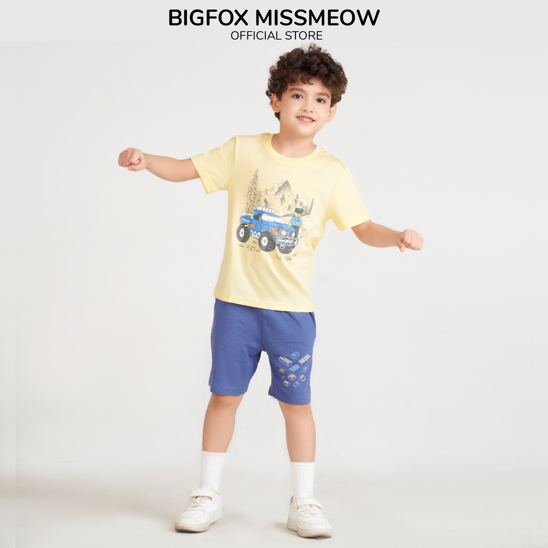 Bộ bé trai cộc tay mùa hè Bigfox Miss Meow, chất cotton kiểu Hàn, in ô tô size đại 3,9,10,11 tuổi 30kg 40kg 1914