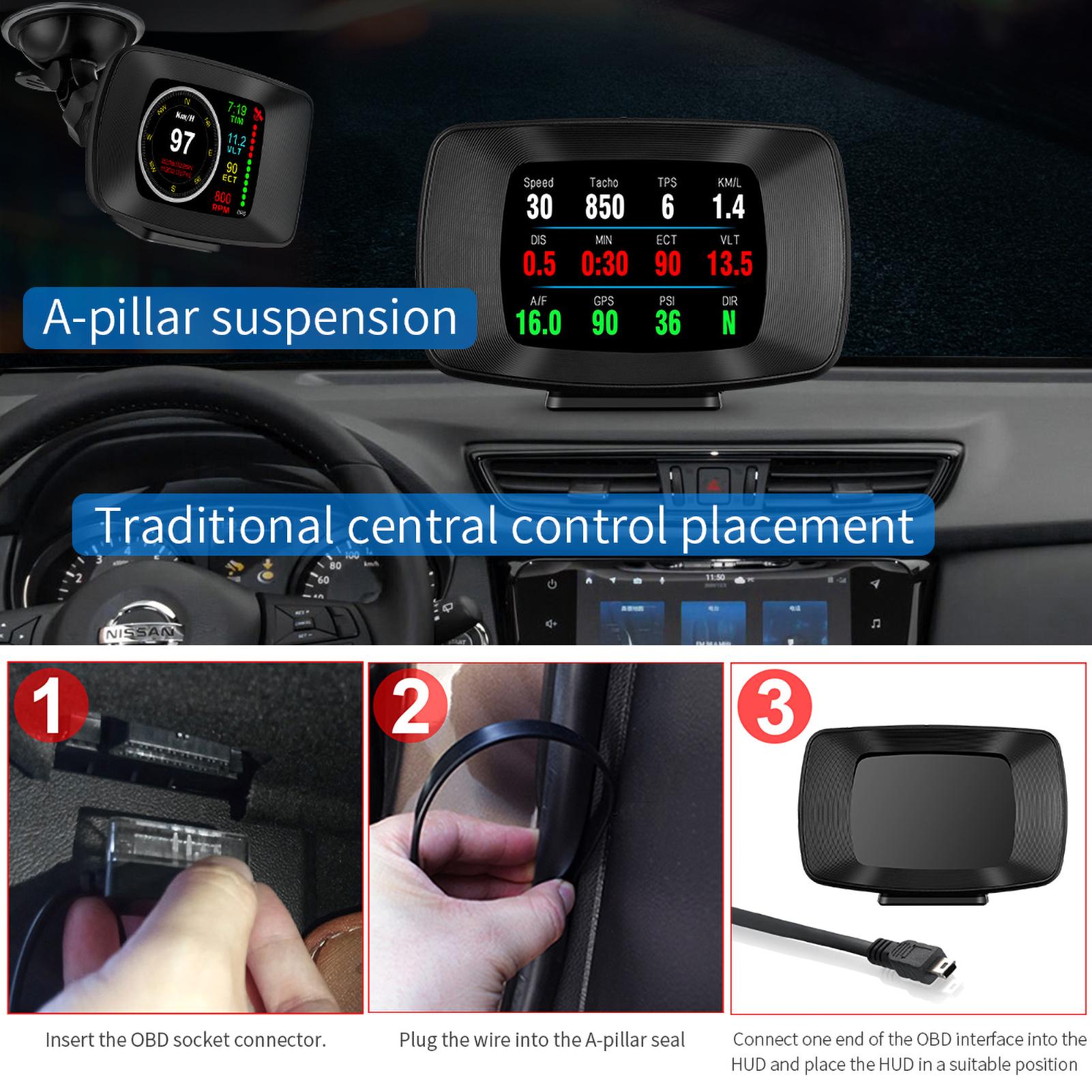 Máy đo tốc độ xe hơi OBD+GPS hệ thống kép màn hình hiển thị LCD hướng lên trên đa năng với 10 kiểu giao diện