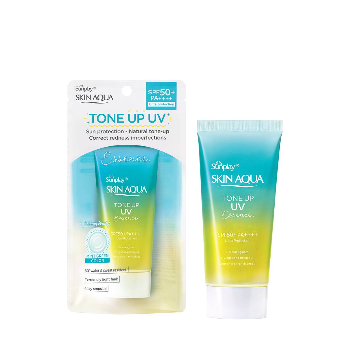 Kem chống nắng nâng tông Skin Aqua Tone up Mint Green cho da trắng có khuyết điểm đỏ, dạng tinh chất Sunplay Skin Aqua Tone Up UV Essence Mint Green SPF 50+ PA++++ 50g