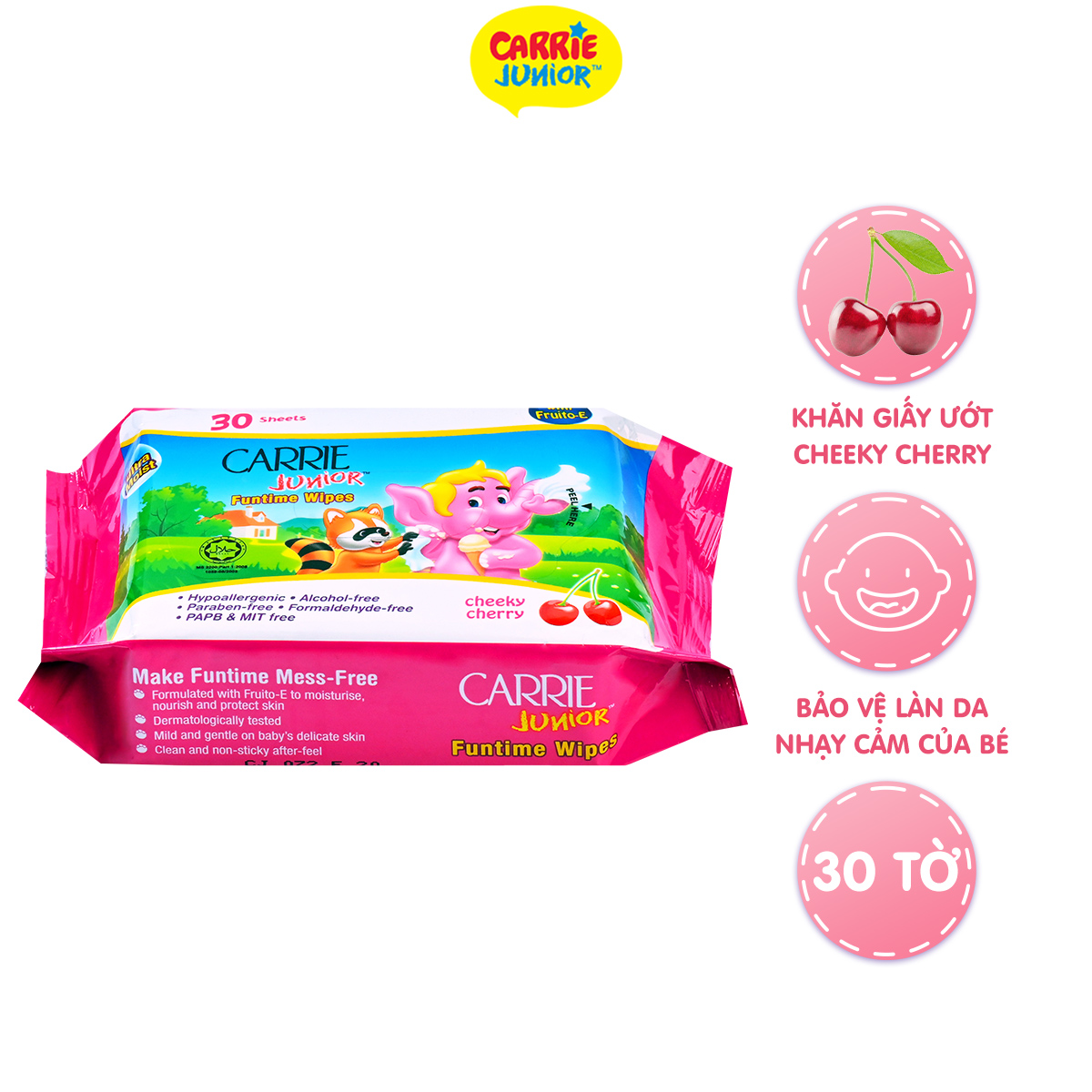 Khăn Giấy Ướt Carrie Junior Funtime Cheeky Cherry 30 tờ/ gói