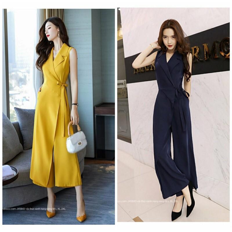 Jumpsuit ống rộng cổ vest cột dây eo sát nách