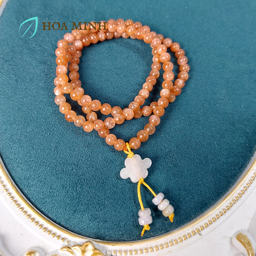 Vòng tay phong thủy đá Mặt Trời Sunstone chuỗi 108 hạt 6 li mix charm Cát Tường Bạch Ngọc, đá Cẩm Thạch bánh xe