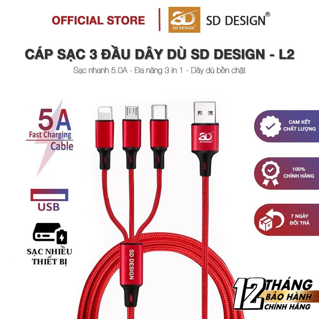 Cáp Sạc 3 Đầu SD Design L2 Sạc nhanh 5.0A Micro Type C Dây Dù Sạc cho iPhone Samsung Oppo Xiaomi