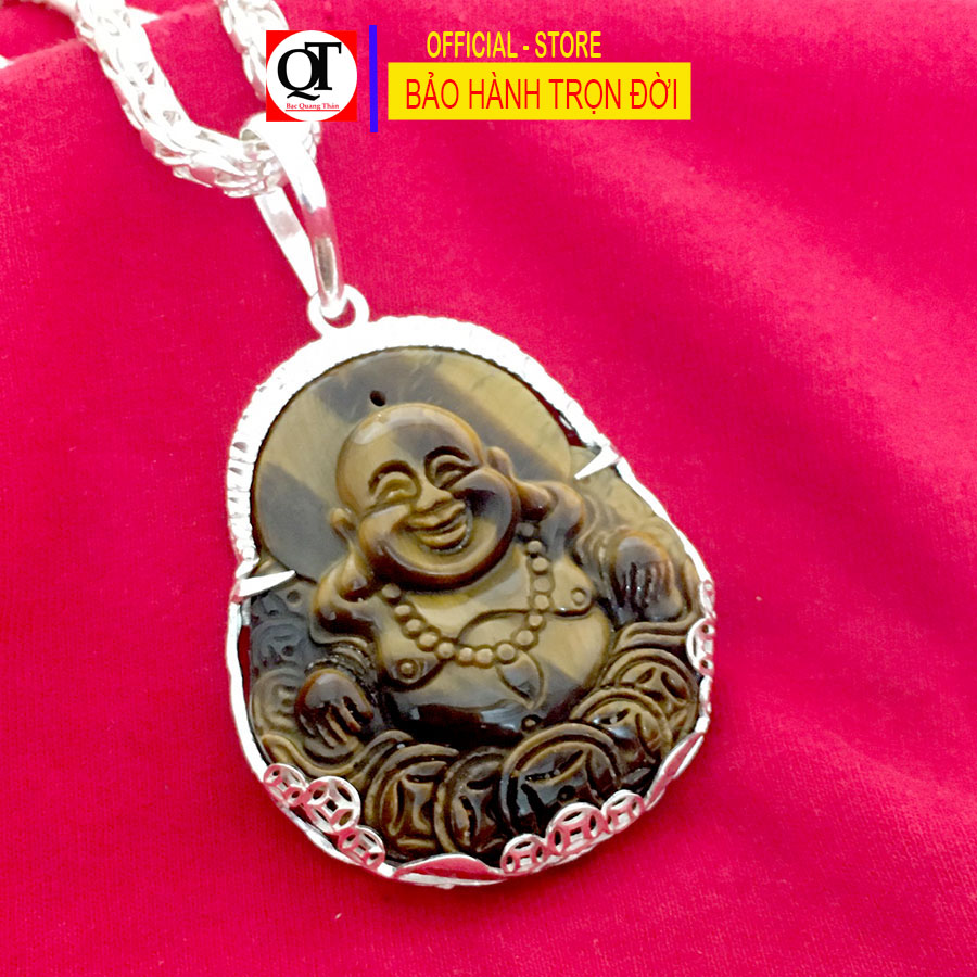 Mặt dây chuyền nam phật Di Lạc cỡ đại đá mắt hổ tự nhiên bọc bạc ta cao cấp trang sức Bạc Quang Thản - QTMDNA15