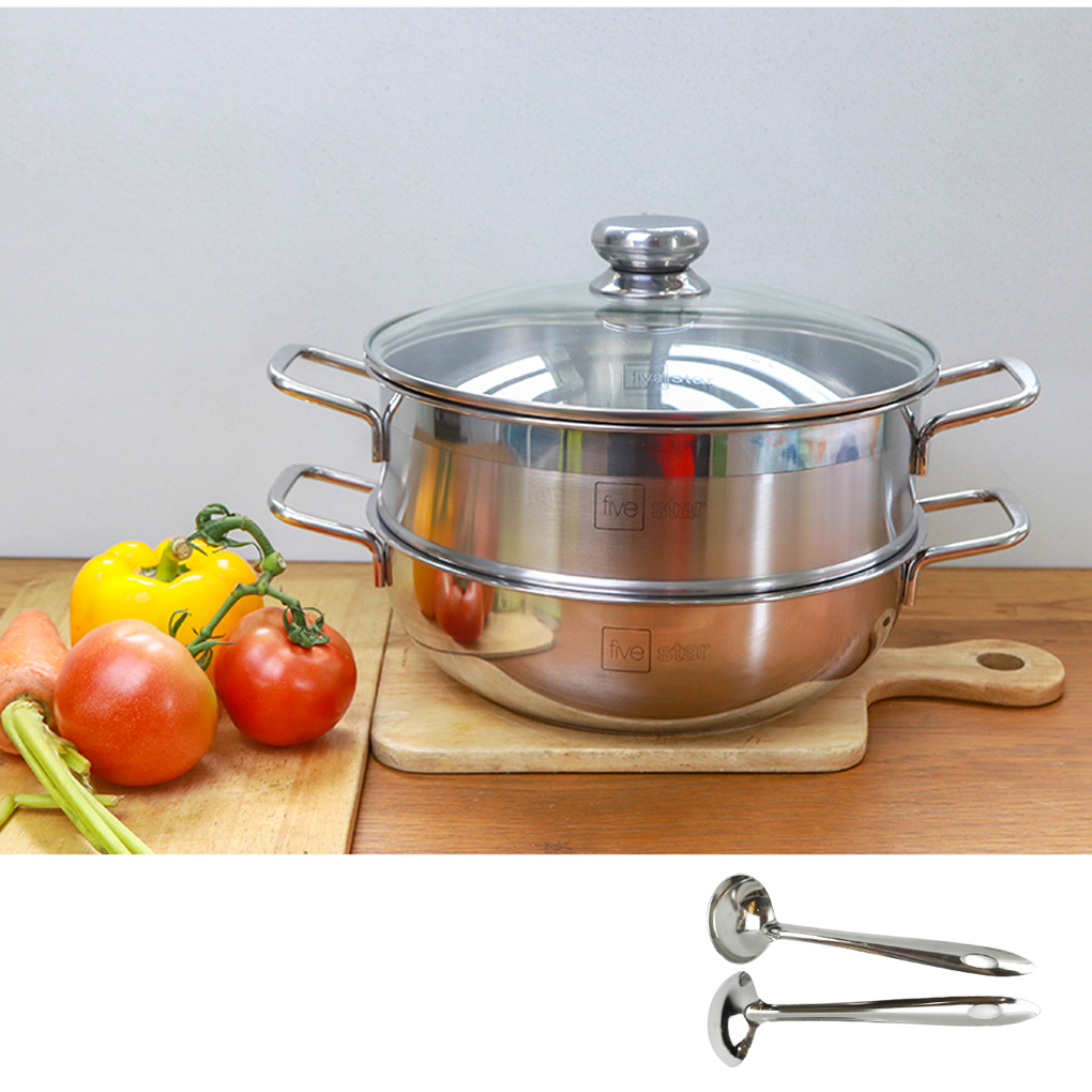 Nồi lẩu xửng hấp inox fivestar 3 đáy từ nắp kính ( tặng 2 vá canh )