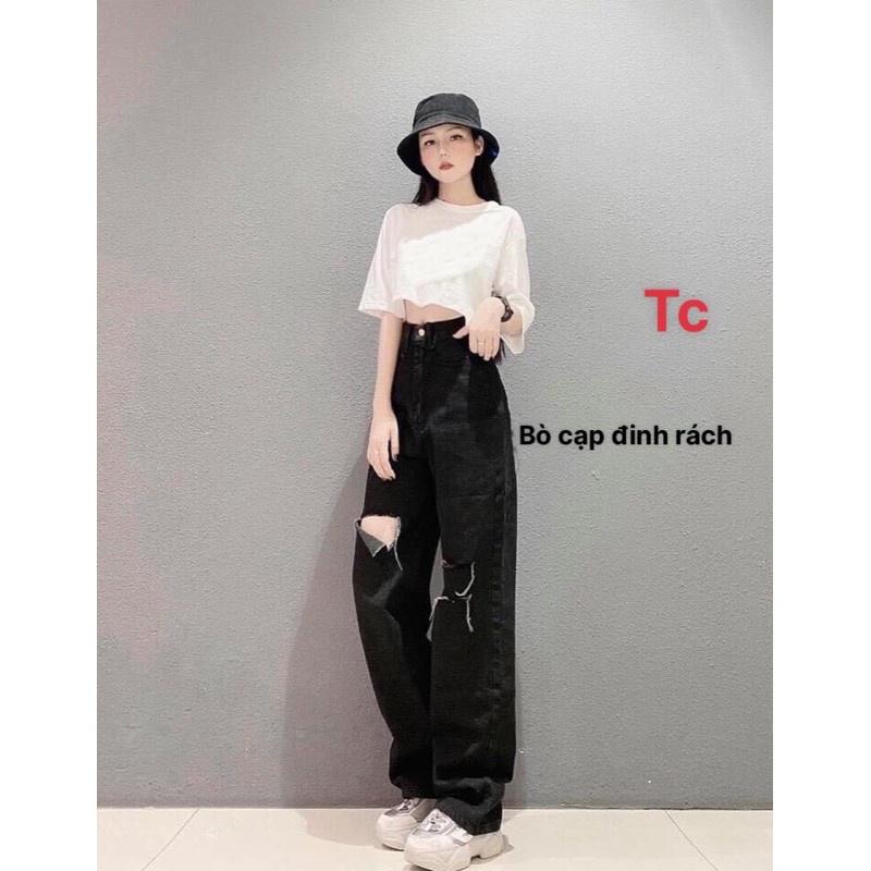 Quần Jeans nữ nút hông ống rộng Ulzzang Quần Ống Rộng Nữ