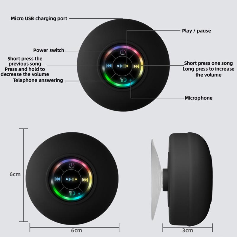 Loa Bluetooth mini Phòng tắm chống nước Âm thanh Loa vòi hoa sen không dây Đèn RGB cho điện thoại Soundbar Loa ô tô rảnh tay Màu sắc: đen