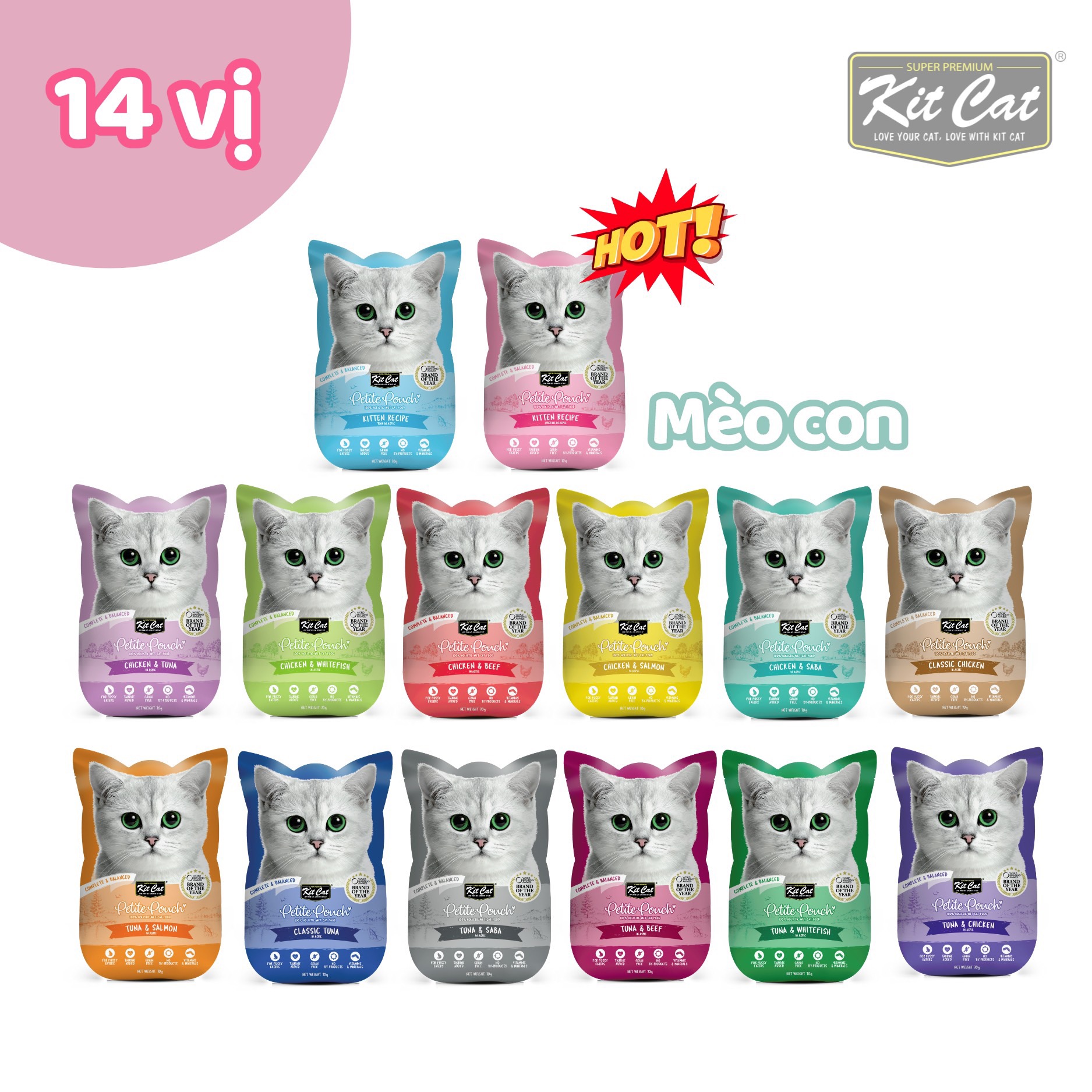 Pate cho mèo mọi lứa tuổi Kit Cat Petite Pouch 100% Holistic Wet Cat Food không chứa ngũ cốc