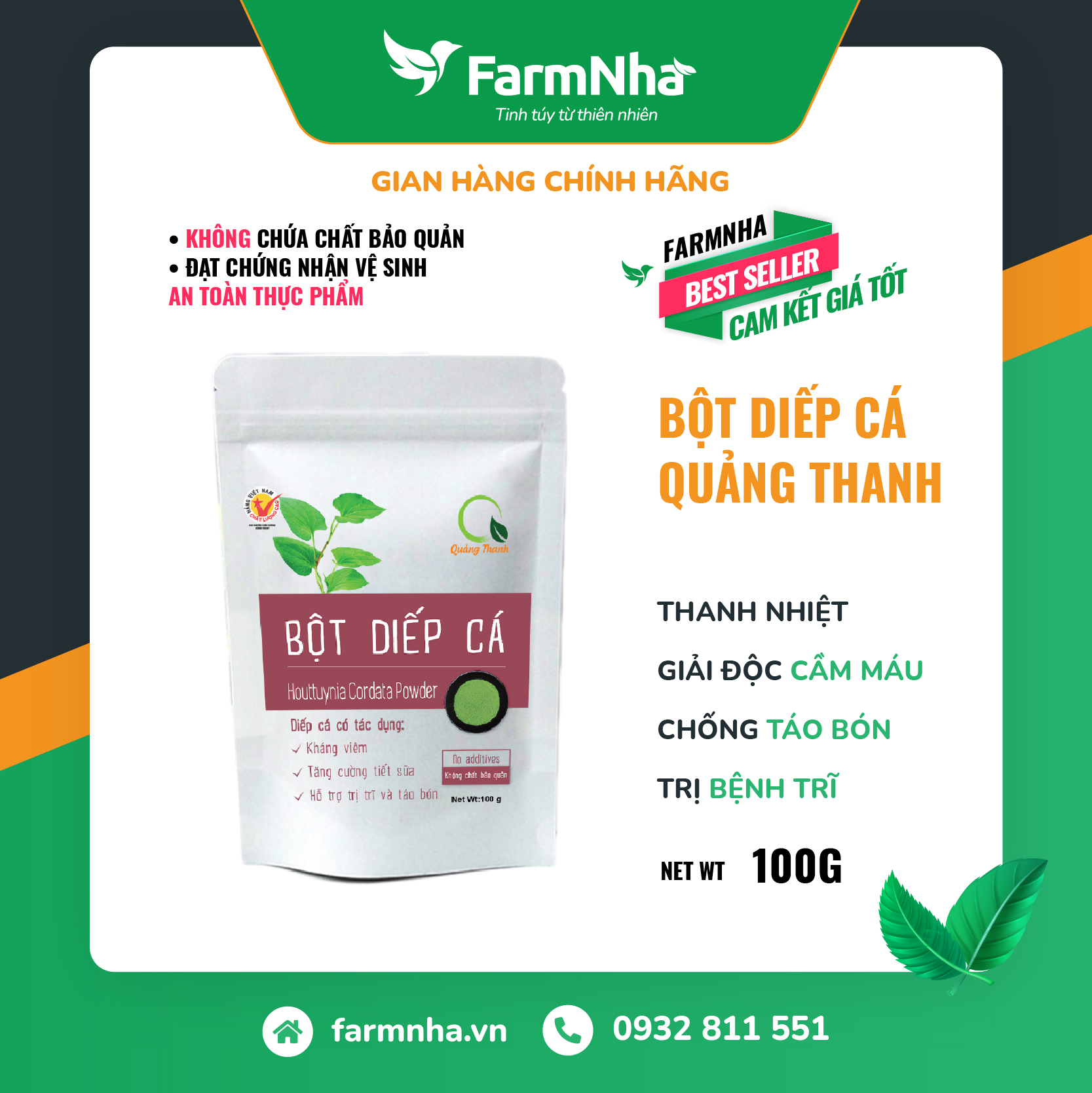 Bột Diếp Cá Quảng Thanh 100gr 100% Organic chuẩn xuất khẩu FDA Hoa Kì - Hỗ trợ trị táo bón, khó tiêu, thanh lọc cơ thể, làm đẹp da