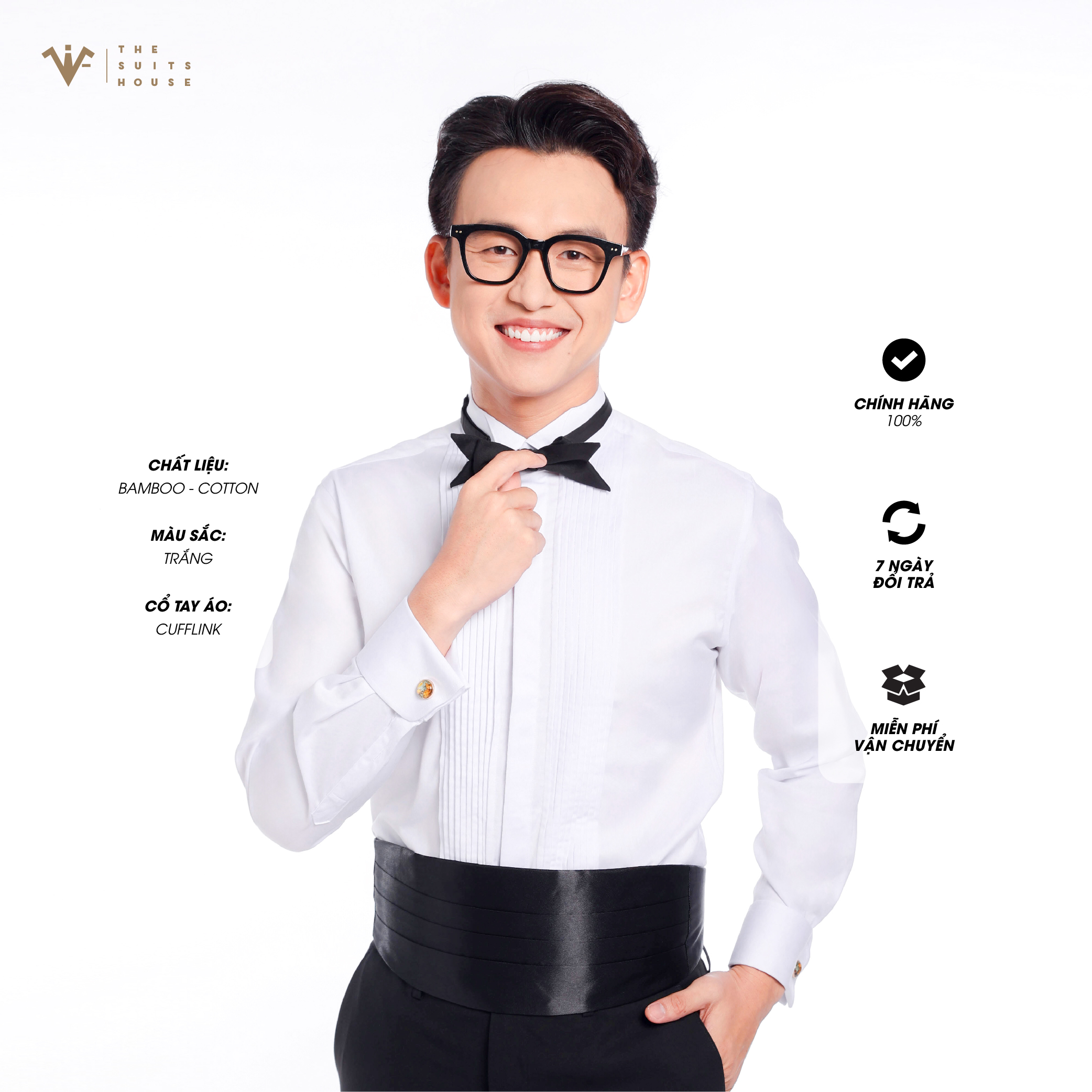 ÁO SƠ MI TRẮNG TUXEDO, KHUY ẨN, CỔ TAY CUFFLINK, CHẤT LIỆU BAMBOO CAO CẤP, THƯƠNG HIỆU THE SUITS HOUSE